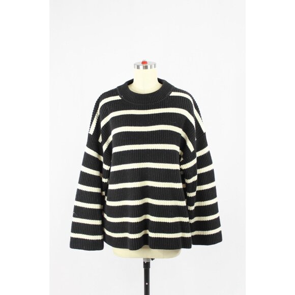 H&M Black Ivory Striped Cotton Chunky Rib Knit Crew Neck Loose Sweater, Size S - Picture 4 of 14